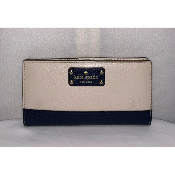 Kate Spade Pebbled Leather Bifold Colorblock Wallet Clutch Cream Blue Gold - Picture 1 of 12